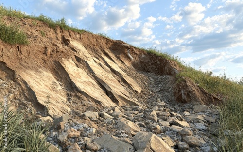 A rugged hillside with layered soil and rocks, showcasing natural erosion and terrain formation. photo