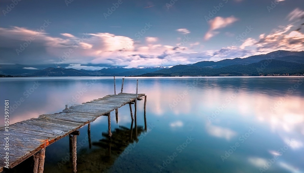 Un pequeño embarcadero de madera, en medio de un lago de aguas tranquilas Un pequeño embarcadero de madera, en medio de un lago de aguas tranquilas