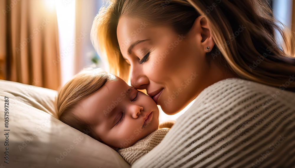 Mother kissing her sleeping baby, Mother Love Mother kissing her sleeping baby, Mother Love
