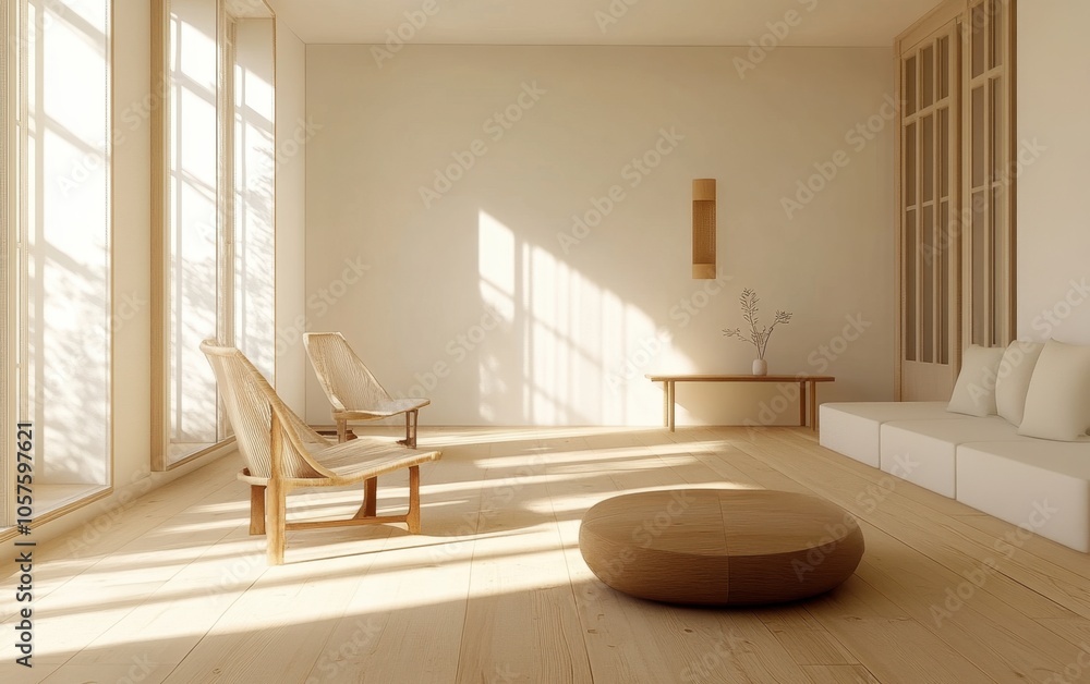 Fototapeta premium A living room with a white wall and a tan floor. There are two chairs and a couch