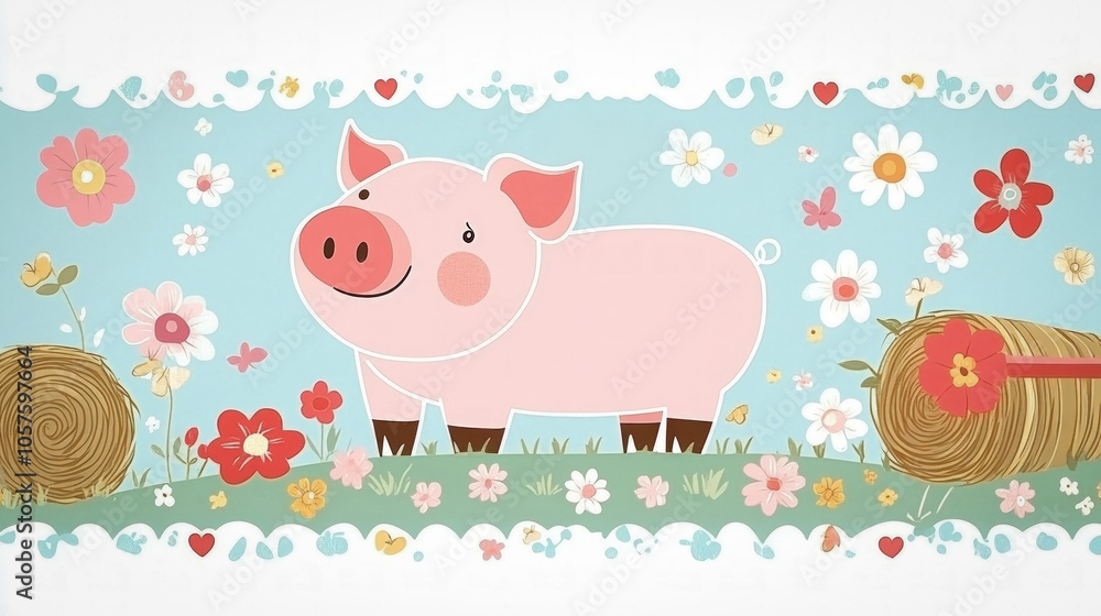Wallpaper Featuring A Cartoon Pig With Rosy Cheeks, Surrounded By Colorful Farm Elements Like Hay Bales And Flowers On A Light Blue Background Wallpaper Featuring A Cartoon Pig With Rosy Cheeks, Surrounded By Colorful Farm Elements Like Hay Bales And Flowers On A Light Blue Background