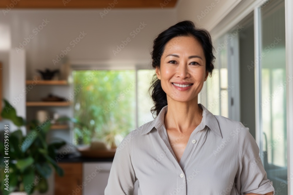 Portrait of a cheerful asian woman in her 40s wearing a moisture-wicking running shirt in crisp minimalistic living room Portrait of a cheerful asian woman in her 40s wearing a moisture-wicking running shirt in crisp minimalistic living room