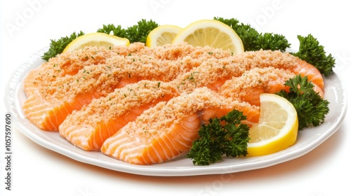 Baked salmon fillets with herbs and lemon slices