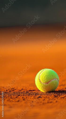 A close-up image of the yellow tennis ball on a red clay court, perfect for a wallpaper or background design. 