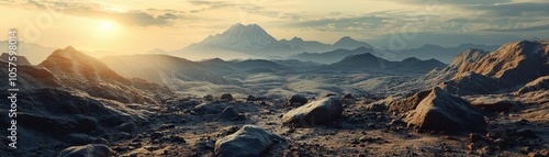 Scenic desert landscape at sunset with distant mountains and dramatic sky, creating a serene and tranquil atmosphere.