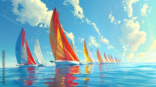 A calm regatta with sailboats with colorful sails in shades of red and blue, sailing on light blue water, with a calm, cloud-filled sky and reflective waves.