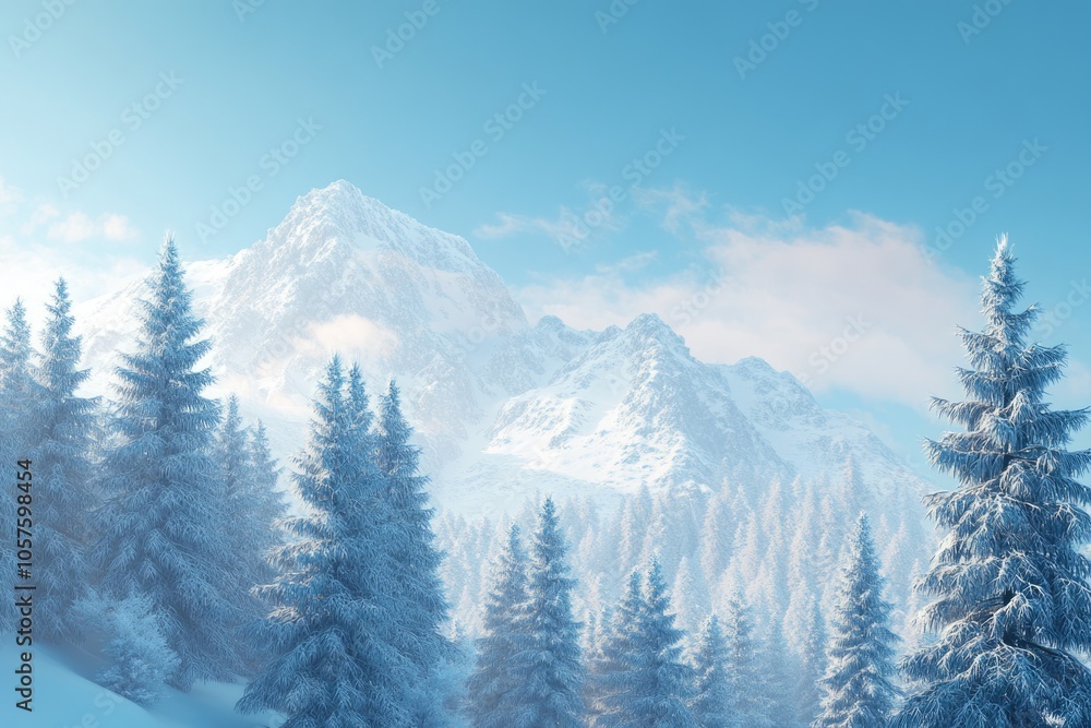 Obraz premium winter snow covered fir trees on mountainside on blue sky background