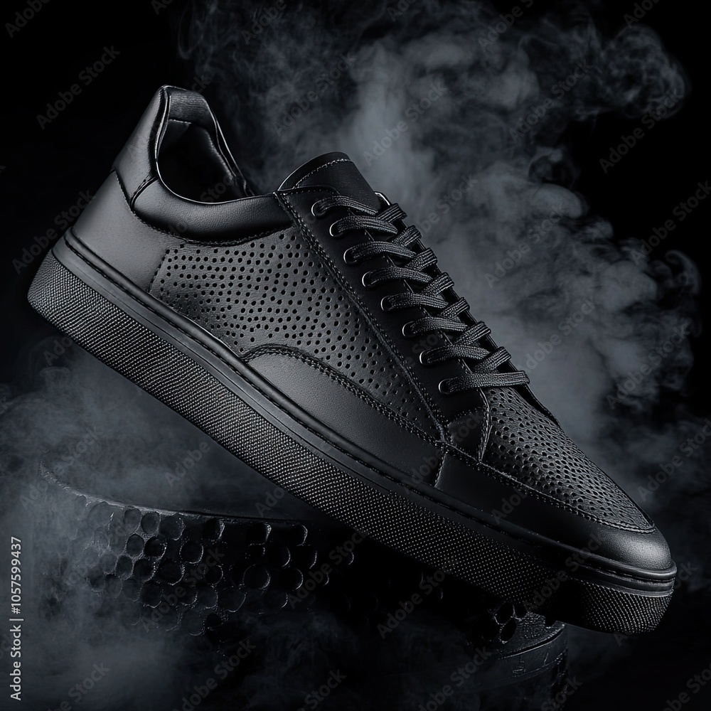 A black sneaker floating in the air surrounded by black smoke. Product presentation, mockap A black sneaker floating in the air surrounded by black smoke. Product presentation, mockap
