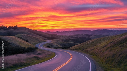 Wallpaper Mural Scenic road winding through hills with a vibrant sunset backdrop High quality image Torontodigital.ca