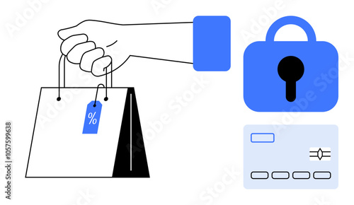 A hand holding a shopping bag tagged with a discount symbol, next to a secure lock icon and a credit card. Ideal for online shopping, e-commerce security, safe transactions, digital payments