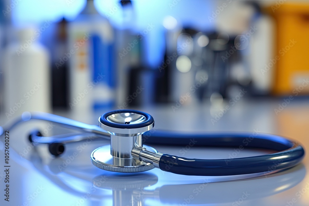 Stethoscope on the table in front of a blurred background. Close-up shot. Medicine concept. Stethoscope on the table in front of a blurred background. Close-up shot. Medicine concept.