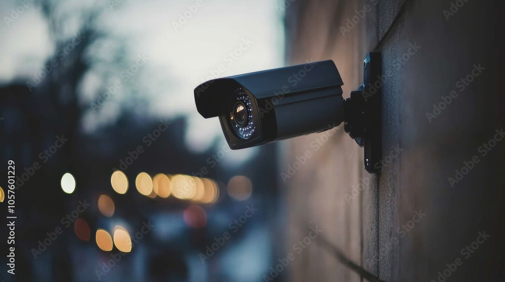 Outdoor Security Camera at Dusk with Soft Background Lights Outdoor Security Camera at Dusk with Soft Background Lights