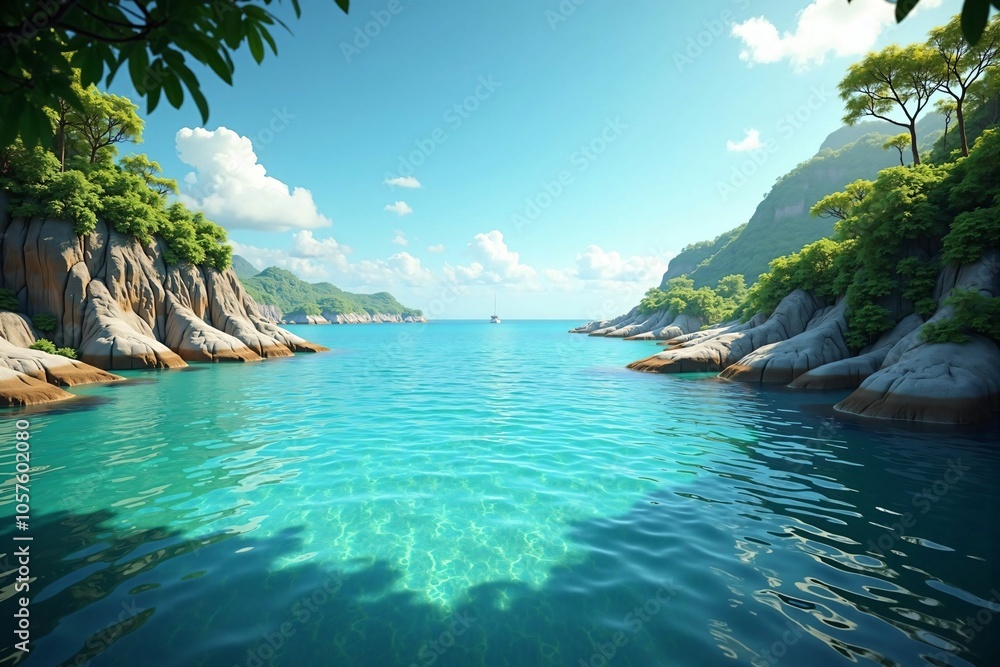 Fototapeta premium Unspoiled Tropical Cove with Turquoise Waters and Rocky Shoreline - Ideal for Nature Lovers and Eco-Tourism Enthusiasts