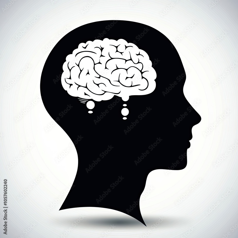 A black silhouette of a human face with an image of a brain in the head. Concept of mind, thinking. Illustration A black silhouette of a human face with an image of a brain in the head. Concept of mind, thinking. Illustration