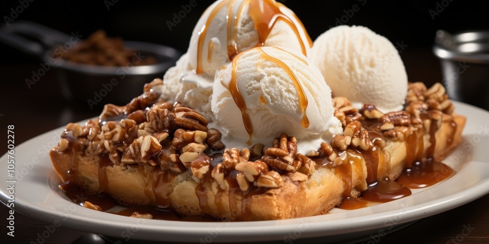 Warm, Buttery Pastry Topped with Pecans, Caramel Drizzle, and Scoops of Creamy Vanilla Ice Cream Warm, Buttery Pastry Topped with Pecans, Caramel Drizzle, and Scoops of Creamy Vanilla Ice Cream