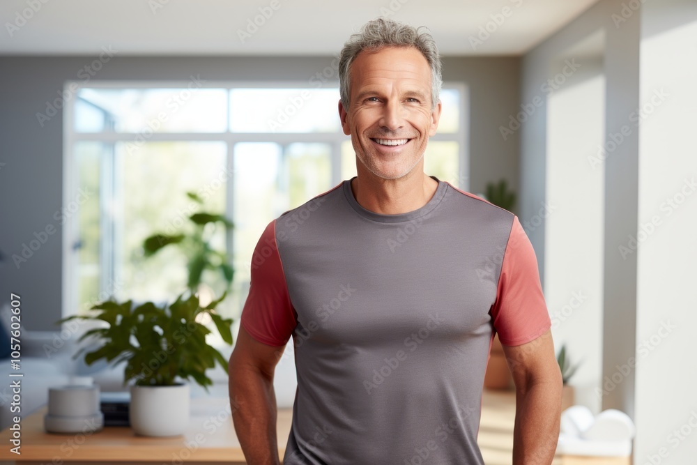 Portrait of a glad man in his 50s wearing a moisture-wicking running shirt while standing against crisp minimalistic living room Portrait of a glad man in his 50s wearing a moisture-wicking running shirt while standing against crisp minimalistic living room