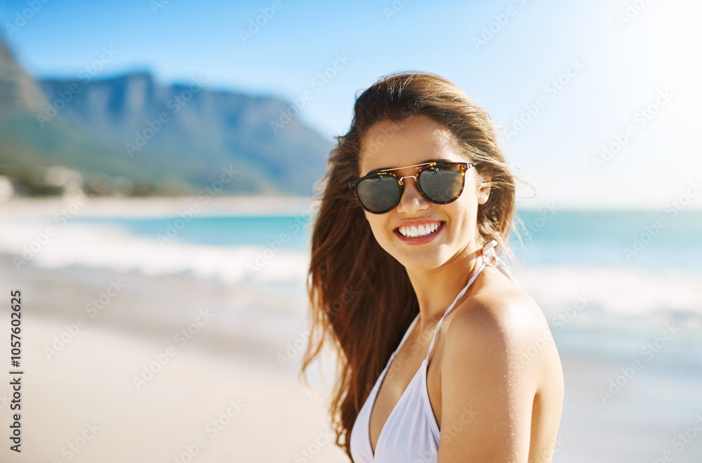Young woman, portrait and beach with smile, holiday and bikini on spring break with travel. Vacation, sunglasses and Mediterranean sea with trip, outdoor and ocean with female person from Italy Young woman, portrait and beach with smile, holiday and bikini on spring break with travel. Vacation, sunglasses and Mediterranean sea with trip, outdoor and ocean with female person from Italy