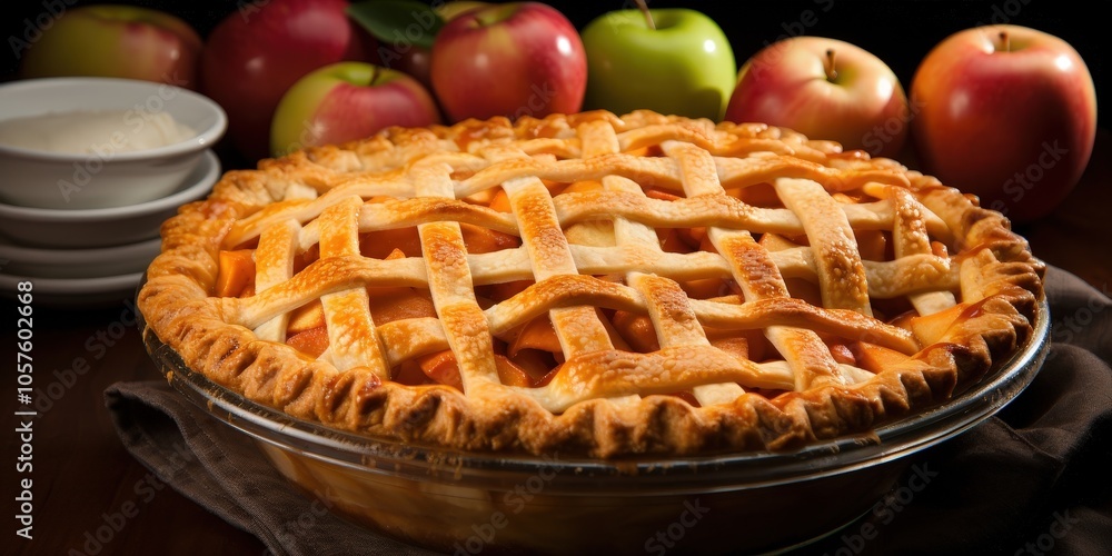 A perfectly baked golden brown apple pie, with a lattice crust and a generous filling of sweet apples, sits on a dark brown surface, surrounded by a bowl of apples. A perfectly baked golden brown apple pie, with a lattice crust and a generous filling of sweet apples, sits on a dark brown surface, surrounded by a bowl of apples.