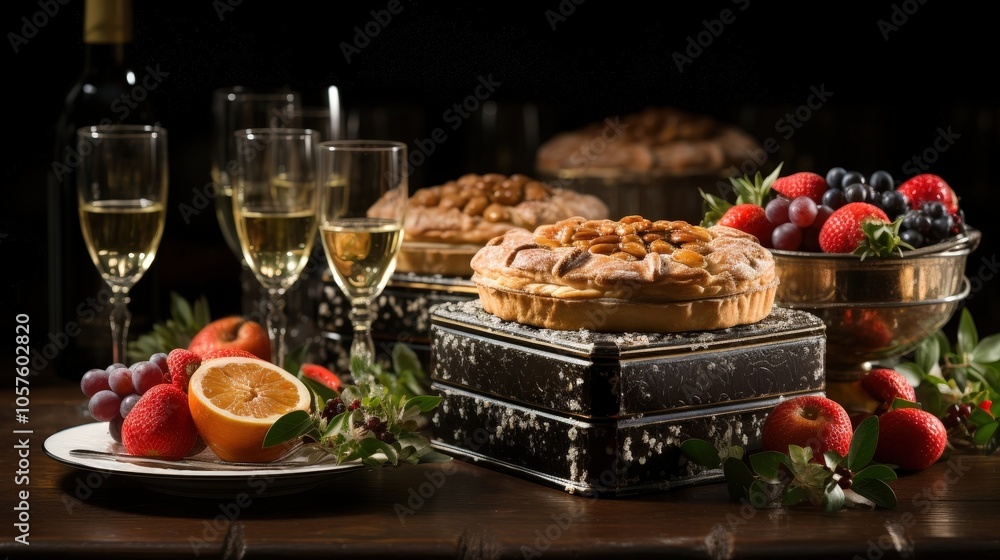 A Table Set for a Festive Gathering with a Delectable Pie, Sparkling Wine, and an Array of Fresh Fruit A Table Set for a Festive Gathering with a Delectable Pie, Sparkling Wine, and an Array of Fresh Fruit
