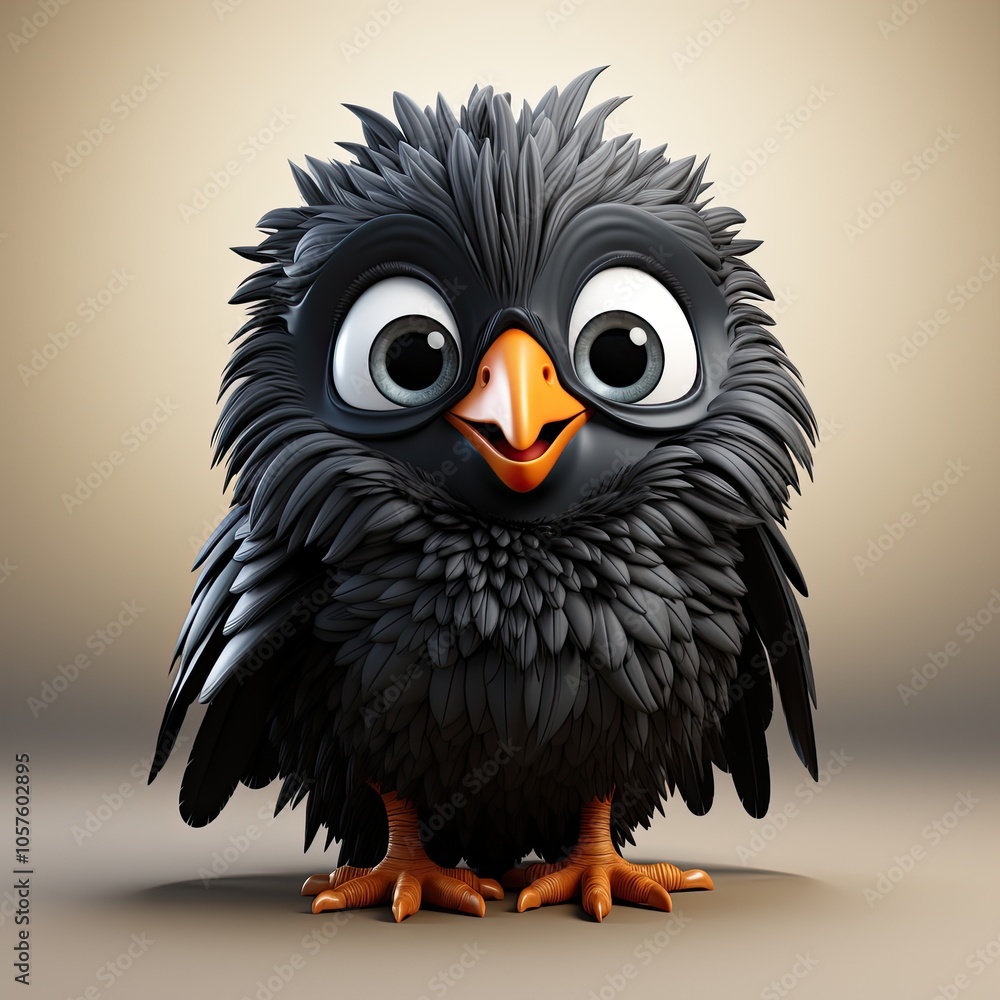 Fototapeta premium 3d illustration of black jackdaw cartoon character for children. Cute fairy print black chick print for clothes, stationery, books, goods. 3D funny bird toy.