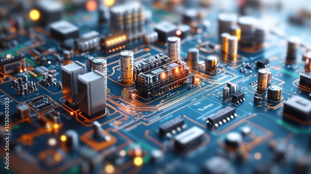 Close-up of a complex electronic circuit board with glowing components. Close-up of a complex electronic circuit board with glowing components.