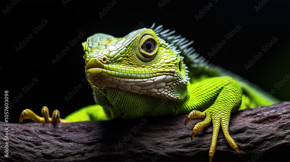 Fototapeta premium Close-up of a vibrant green iguana resting on a branch, displaying detailed scales against a dark background, highlighting its intricate reptilian features.