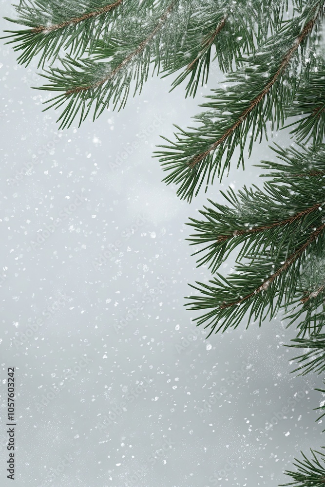 Close-up of green pine tree branches with snow falling. Wintery background, banner, poster, wallpaper. Close-up of green pine tree branches with snow falling. Wintery background, banner, poster, wallpaper.