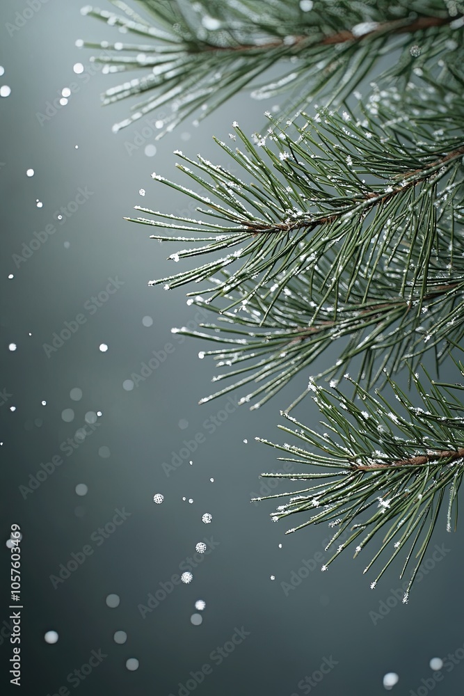Close-up of green pine tree branches  with snow falling. Wintery background, banner, poster, wallpaper.