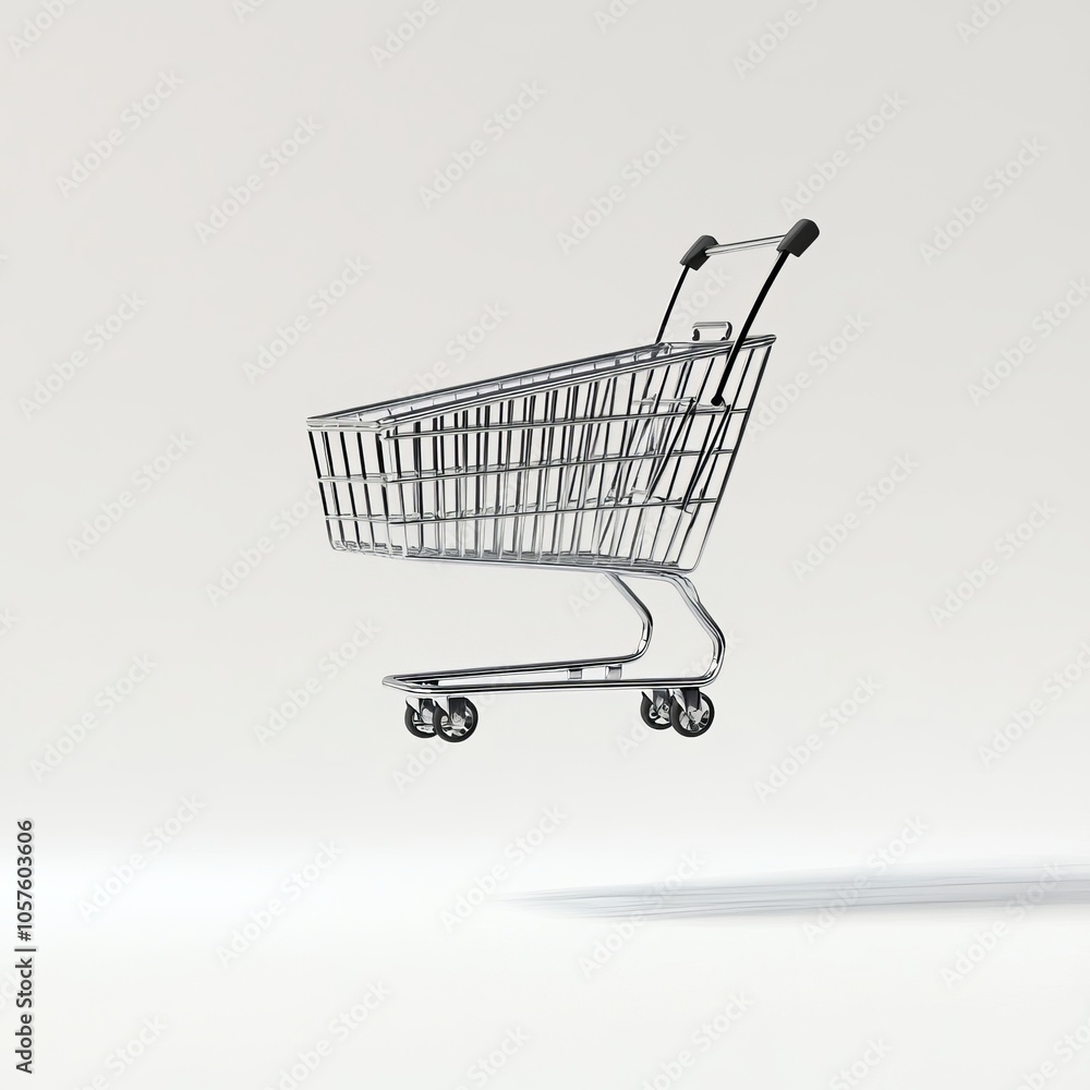 A realistic vector illustration of an empty shopping cart appearing to float in mid-air against a clean white background A realistic vector illustration of an empty shopping cart appearing to float in mid-air against a clean white background