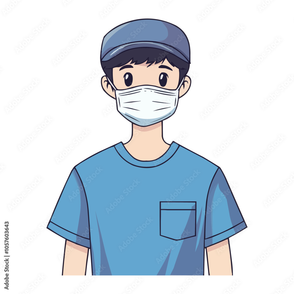a doctor wearing a surgical face mask and blue scrubs