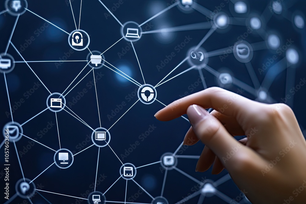 A hand touches a glowing icon on a touchscreen. Technology concept, network connectivity, information security, cloud storage. A hand touches a glowing icon on a touchscreen. Technology concept, network connectivity, information security, cloud storage.