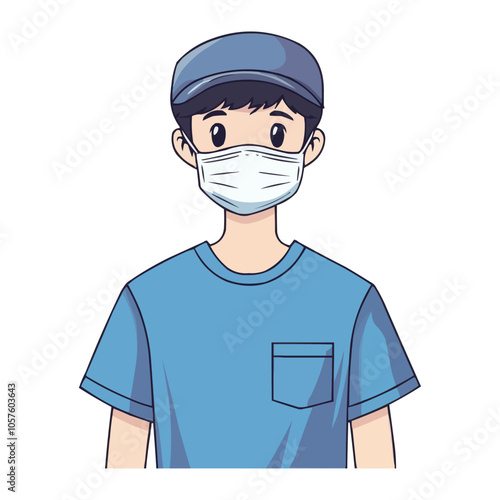 a doctor wearing a surgical face mask and blue scrubs