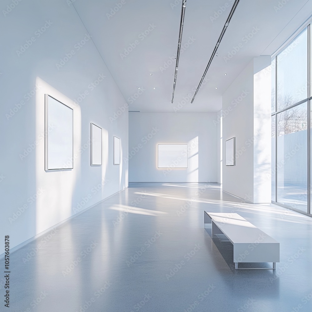 Art gallery interior with blank frames on white walls, a minimalist space suited for photo displays or exhibition presentations Art gallery interior with blank frames on white walls, a minimalist space suited for photo displays or exhibition presentations