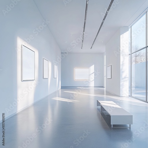 Art gallery interior with blank frames on white walls, a minimalist space suited for photo displays or exhibition presentations