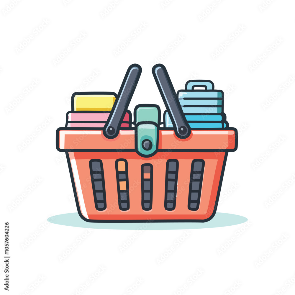 Fototapeta premium Shopping basket full of goods. Colorful shopping basket brimming with items, symbolizing consumerism, abundance, and retail therapy.