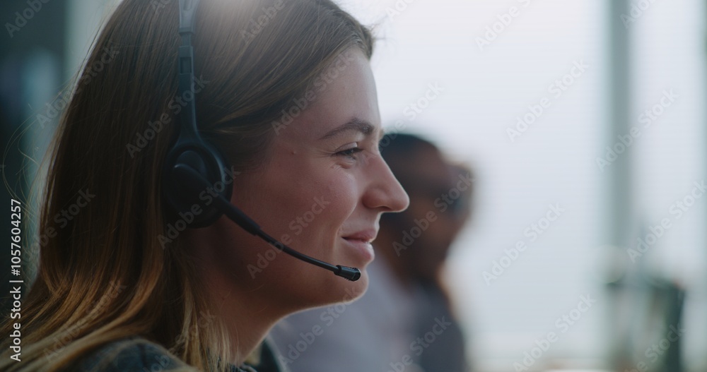 Call center office: Close up of young Caucasian technical customer support specialist in headset having conversation on call, solving problem, providing online help. Female hotline operator working. Call center office: Close up of young Caucasian technical customer support specialist in headset having conversation on call, solving problem, providing online help. Female hotline operator working.