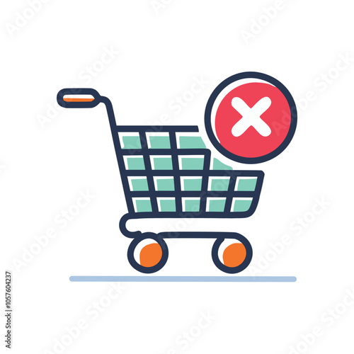 Cart cancellation icon. Shopping cart with a rejection sign. Represents failed transactions, purchase cancellations, or product unavailability.