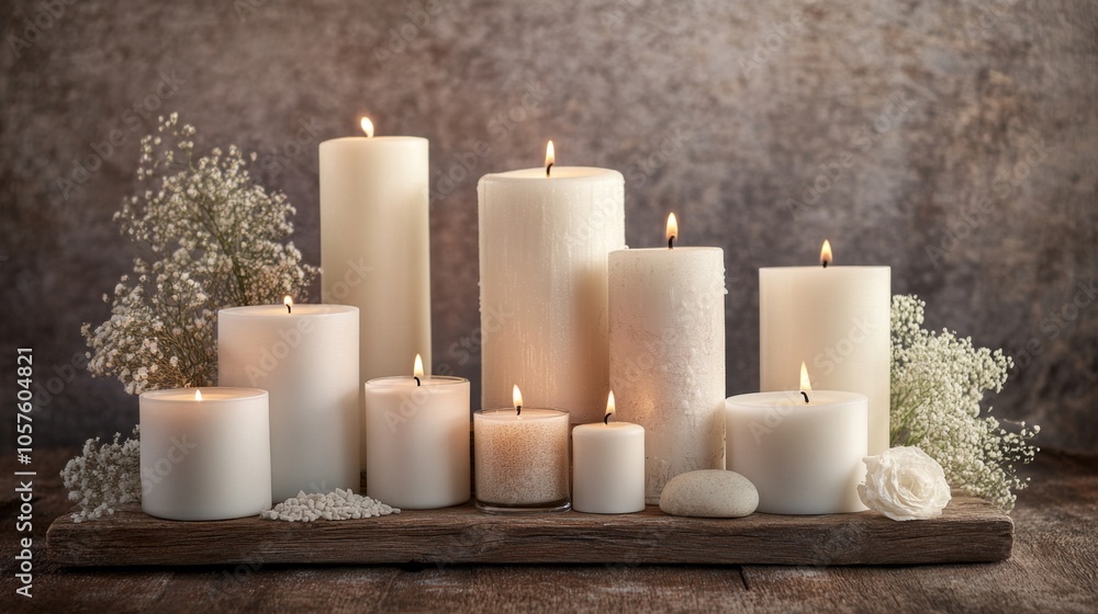 Elegant White Candles on Rustic Wooden Table Elegant White Candles on Rustic Wooden Table