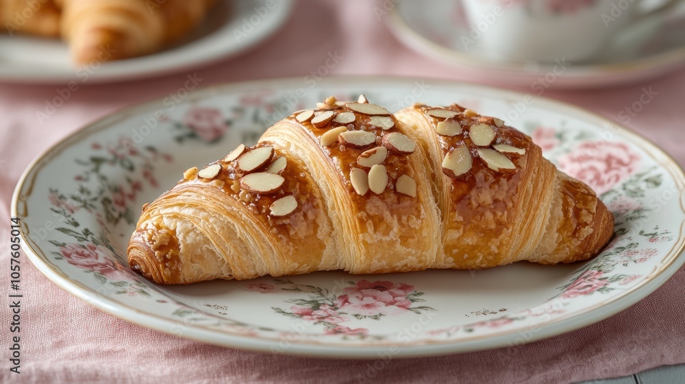 Delicious almond croissant served on an elegant floral plate during a cozy afternoon tea in a sunlit kitchen Delicious almond croissant served on an elegant floral plate during a cozy afternoon tea in a sunlit kitchen