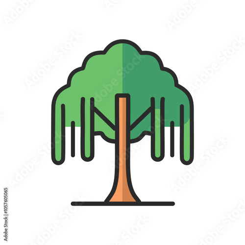 Weeping willow tree icon. Lush green weeping willow, symbolizing peace, tranquility, and resilience.  Nature icon.