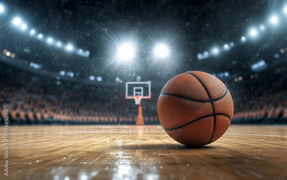 Obraz premium A lone basketball on the court in an empty arena, illuminated by bright lights, creating a dramatic and focused atmosphere for the game ahead.