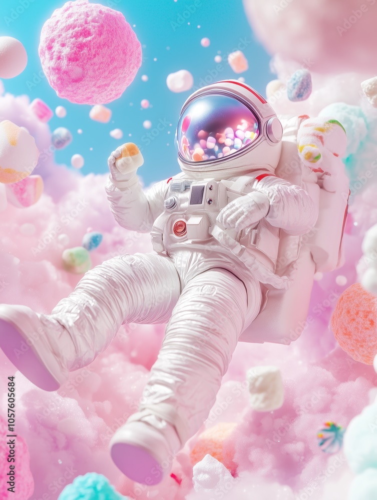 Astronaut floats in a dreamy candy colored sky, surrounded by fluffy clouds and colorful marshmallows, enjoying a sweet treat in a surreal and whimsical scene Astronaut floats in a dreamy candy colored sky, surrounded by fluffy clouds and colorful marshmallows, enjoying a sweet treat in a surreal and whimsical scene