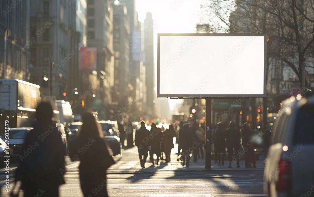 A bustling urban street scene with pedestrians walking past an empty advertising billboard, captured in soft sunlight. A bustling urban street scene with pedestrians walking past an empty advertising billboard, captured in soft sunlight.