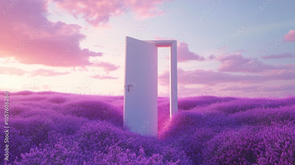 Open door stands in a vibrant lavender field, leading to a breathtaking sunset, creating a surreal and dreamy atmosphere of endless possibilities and escape Open door stands in a vibrant lavender field, leading to a breathtaking sunset, creating a surreal and dreamy atmosphere of endless possibilities and escape