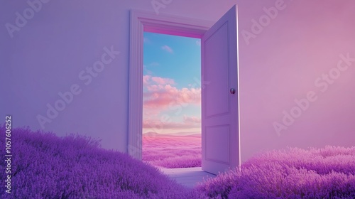 Open door reveals a vast, endless field of purple lavender flowers under a beautiful sunset sky, creating a dreamy and surreal atmosphere photo