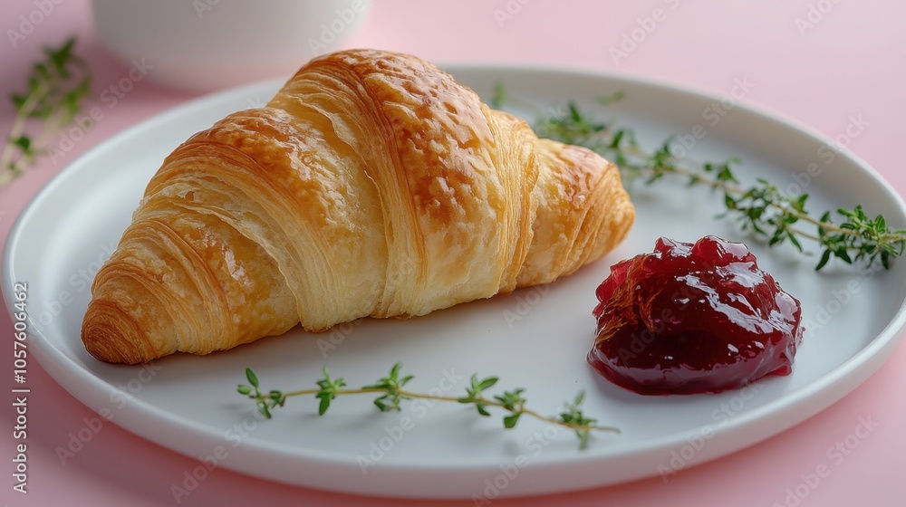 Warm butter croissant with a side of fruity jam and fresh herbs on a delicate pink background Warm butter croissant with a side of fruity jam and fresh herbs on a delicate pink background