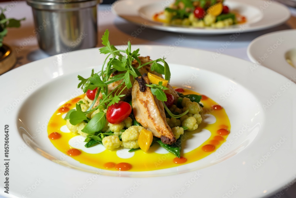 Gourmet culinary presentation with grilled chicken, fresh vegetables, and vibrant sauces for fine dining experience. Gourmet culinary presentation with grilled chicken, fresh vegetables, and vibrant sauces for fine dining experience.