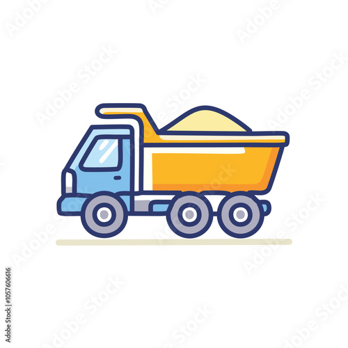 Dump truck sand delivery. Heavy vehicle transports materials; symbolizes construction, industry progress, and resource delivery.