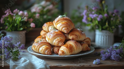 Golden croissants basking in soft light surrounded by blooming flowers in a rustic kitchen during a peaceful morning photo