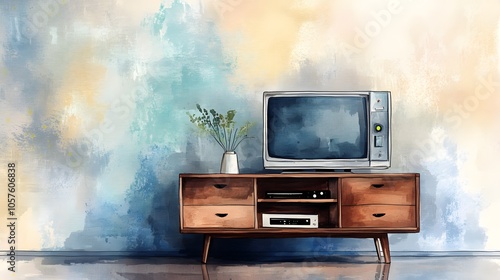Wallpaper Mural Watercolor Artistic using soft, brushy watercolor strokes, Soft Color, Single object picture - a modern TV console with storage compartments Torontodigital.ca